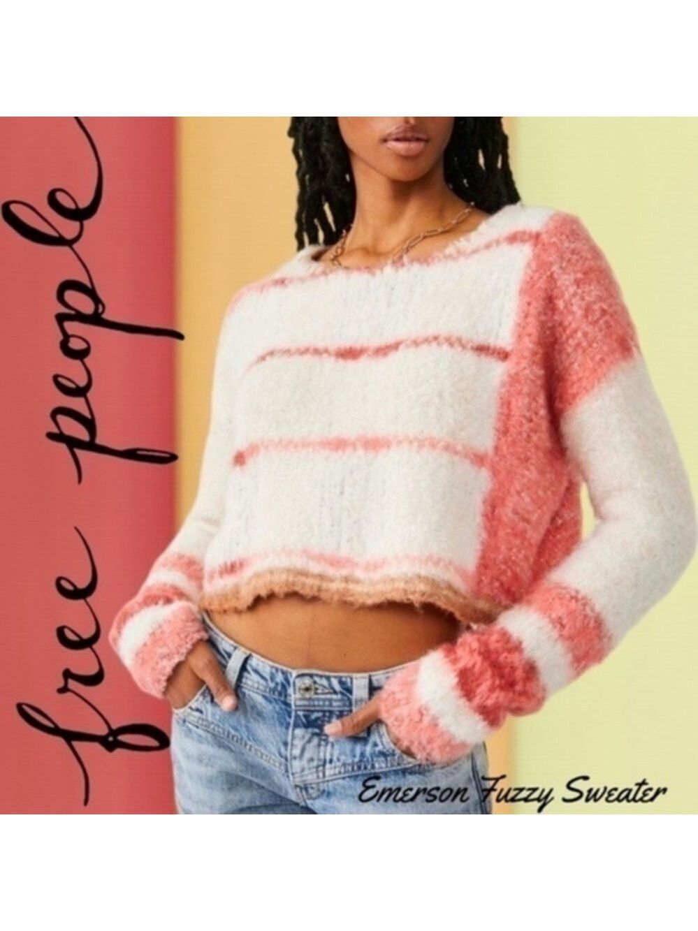 FREE PEOPLE NWT Emerson Fuzzy/Soft Drop Shoulder Contrast Color Crop Sweater/LG